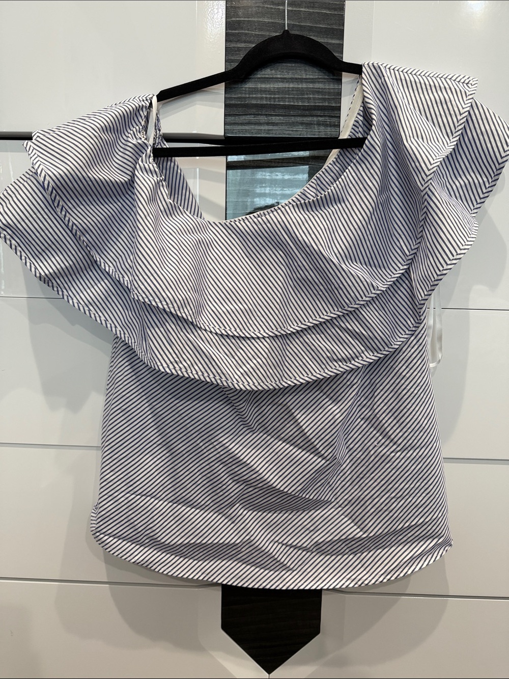 White House Black Market White & Navy Striped Off-Shoulder Ruffle Top